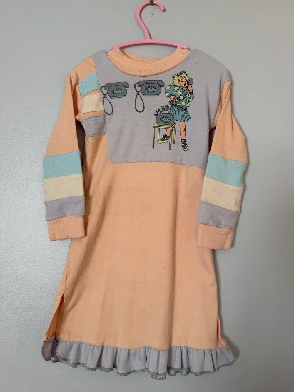 Vintage Girls Peach & Pastel Stripe Phone Graphic Nightgown